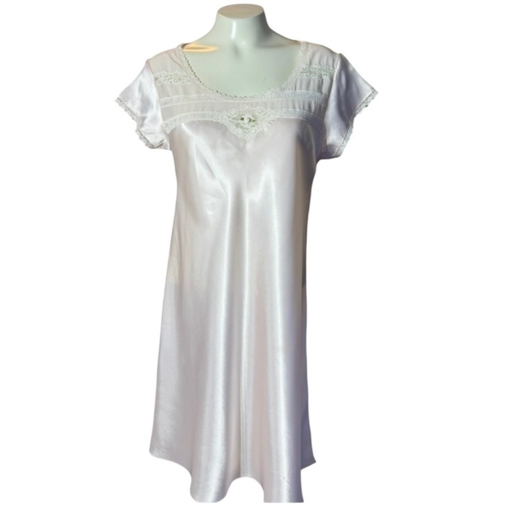 Oscar de la Renta Pink Label Satin Lace Nightgown Small Pale Pink Short Sleeve